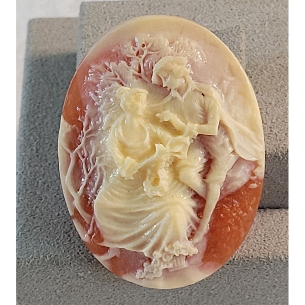 Cameo Style Brooch Romantic Couple Coral Ivory Relief Resin Pin